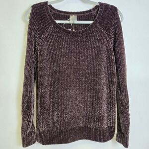 CALIA‎ by Carrie Underwood Chenille Cold Shoulder Sweater, Plum, Size Small